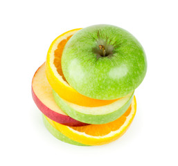 Stack of mixed fruit slices on white