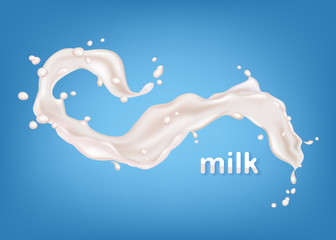 Milk splashes isolated on blue background. Realistic vector illustration for advertising or packaging cosmetics or dairy products.