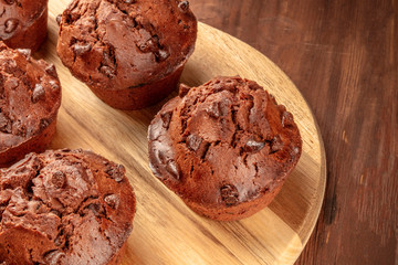 A closeup photo of chocolate muffins on a dark rustic wooden background with copy space
