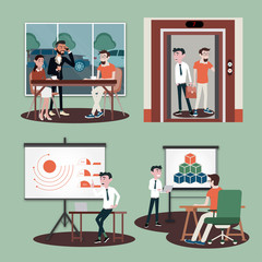 Set of business people and situations of  the office team workers women, men and boss in uniform in meeting room with pc laptop and growing chart. Vector illustration in a flat style
