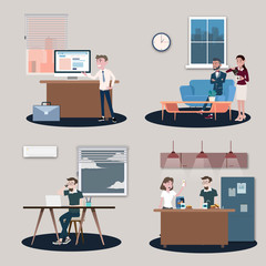 Vector illustration in a flat style of business office team workers women, men and boss in uniform in meeting room and growing chart. Presentation in various action with emotions.