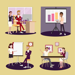 Vector illustration in a flat style of business office team workers women, men and boss in uniform in meeting room with pc laptop and growing chart. presentation in various action.