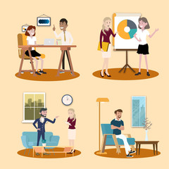 Vector illustration in a flat style of business office team workers women, men and boss in uniform in meeting room with pc laptop and growing chart. They are talking, discuss goal planning and debate.