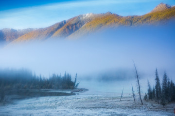 soft image from mist or fog at Fairy Bay in the morning in September Autumn season, Kanas Nature Reserve, Xinjiang, China