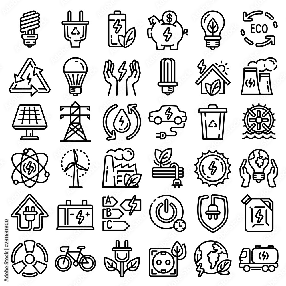 Poster energy saving icon set. outline set of energy saving vector icons for web design isolated on white b