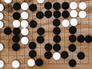 Desk for board game Go and black and white bones. Traditional asian strategy board game , 3d rendering