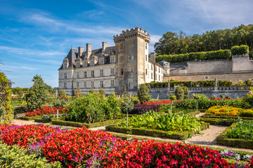 Beautiful vegetable garden with chateau Villandry on the background, Loire region, France.