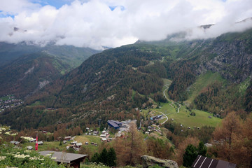 Fototapeta na wymiar Village of Zermatt panoramic view, valleys and slopes of Swiss Alps