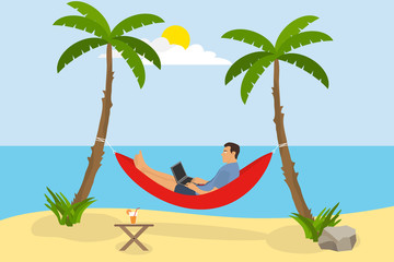 Obraz na płótnie Canvas A man is lying in a hammock on the beach. A man with a laptop is in a hammock and does work against the backdrop of the sea and palm trees. Flat design, vector illustration, vector.