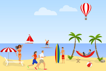 People relax and have fun on the beach. Beach holiday concept. Seaside resort. Flat design, vector illustration, vector.