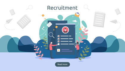Job hiring and online recruitment concept with tiny people character. agency interview. select a resume process. template for web landing page, banner, presentation, social media. Vector illustration.
