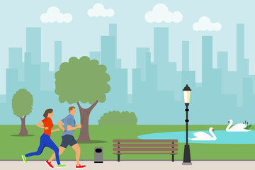 Naklejka premium Public park in the city center. Morning run of people in a public park. Flat design, vector illustration, vector.