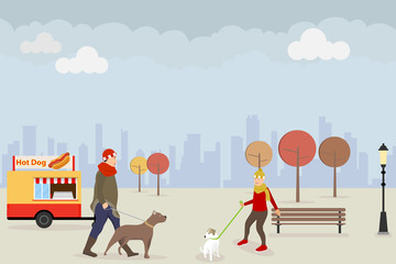 Dog walking in a public park in the fall. Two women are walking their dogs in the park in autumn against the background of the cityscape. Flat design, vector illustration, vector.