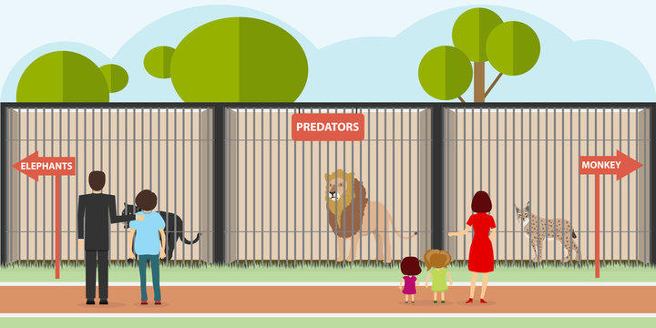 Zoo, predators in cages. Adults with children are considering animals in the zoo. Flat design, vector illustration, vector.