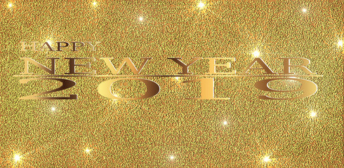 High resolution Happy New Year 2019 greeting Golden glittering spatter dust with golden text foreground 3D Illustration