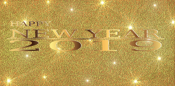High resolution Happy New Year 2019 greeting Golden glittering spatter dust with golden text foreground 3D Illustration