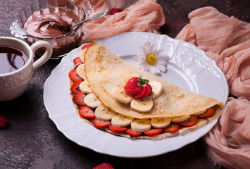 Pancake with strawberry and banana