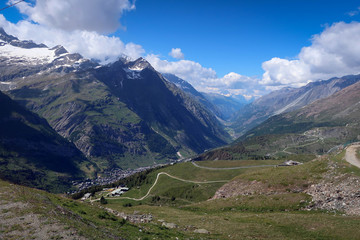 Scenic landscape of Swiss Alps near Zermatt town and Mount Matterhorn