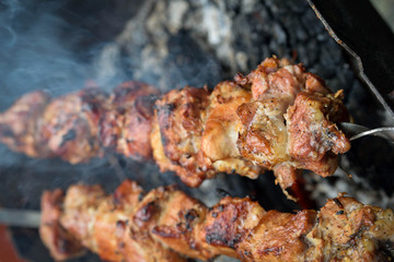 Barbecue.Juicy pieces of meat on skewers