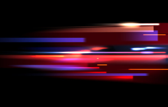 Vector image of colorful light trails with motion blur effect, long time exposure. Isolated on black background