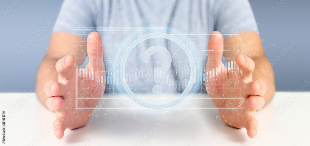 Poster man holding a technology question mark icon on a circle 3d rendering