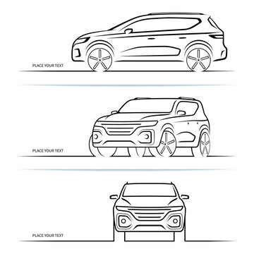 Set of vector car silhouettes, outlines, contours. Front, side and perspective view of SUV vehicle