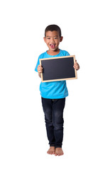 Asian Country boy with blank black chalkboard  for education conceptual isolated on white background