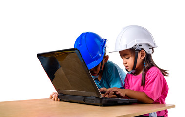 Asian children wearing safety helmet and thinking planer isolated on white background. Kids and education concept