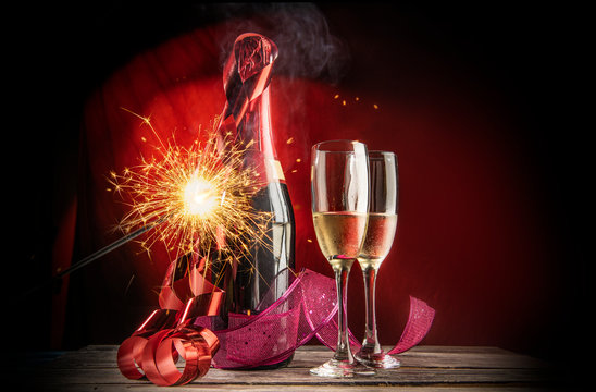 Party or event celebration with champagne and fireworks