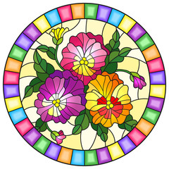 Illustration in stained-glass style with flowers pansies on a yellow background in a bright frame, round image