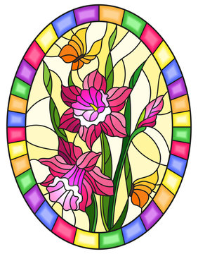 Illustration in stained glass style with a bouquet of pink daffodils and yellow butterflies on a blue background in bright frame