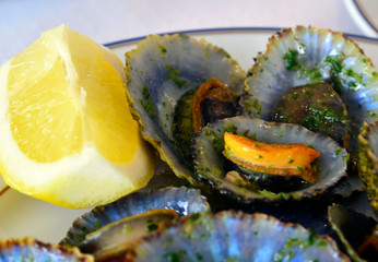 Grilled limpets served with lemon.
Lapas grelhadas.Traditional dish of Madeira island,Portugal and a typical snack of the Canary Islands.Seafood concept.Selective focus.