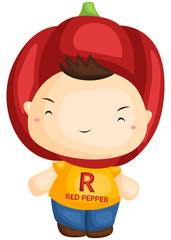 a boy wearing a bell pepper costume on his head