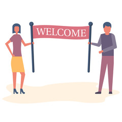 Welcome. Team with big banners in their hands. Greetings on the poster. Young people happily meet. Template for the message. Vector illustration flat design. Isolated on white background.