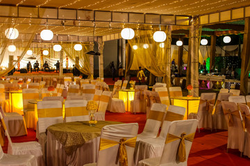 Indian Wedding Stage.Indian wedding decoration. Indian beautiful marriage decoration with flowers	