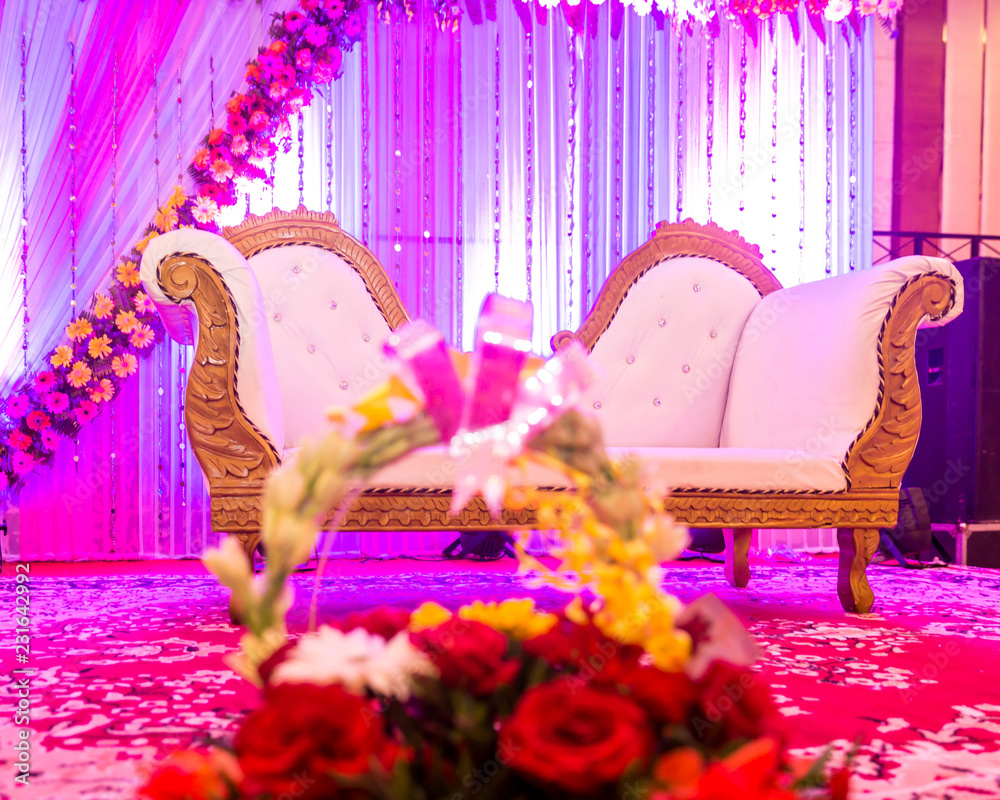 Wall mural Indian Wedding Stage.Indian wedding decoration. Indian beautiful marriage decoration with flowers - Wall murals