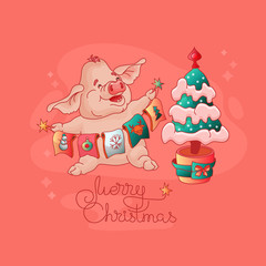 Merry Christmas. Cute pig, Christmas tree Vector.