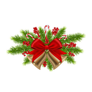 christmas background with bells and bow,  isolated on white background