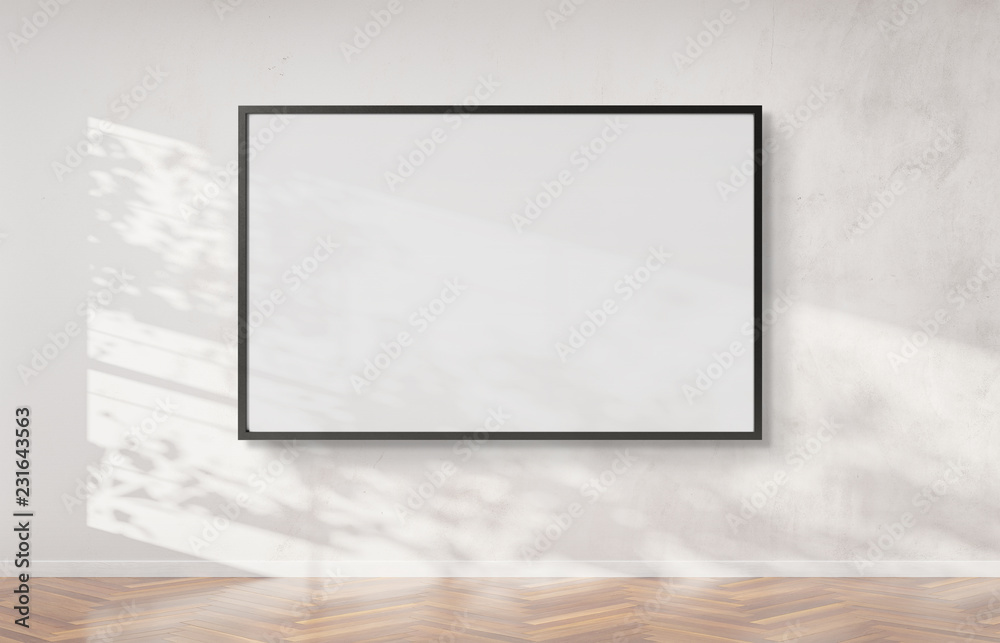 Poster black frame hanging on a wall mockup 3d rendering