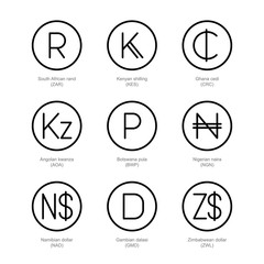 Currency exchange icons. Money line signs. South African rand, Kenyan shilling, Ghana cedi, Angolan kwanza, Botswana pula, Nigerian naira, Namibian dollar, Gambian dalasi, Zimbabwean dollar