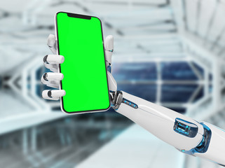 White robot hand holding smartphone mockup 3d rendering