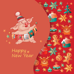 Happy New Year. Pig and Christmas toys. Vector.
