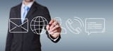 Businessman drawing thin line contact icon