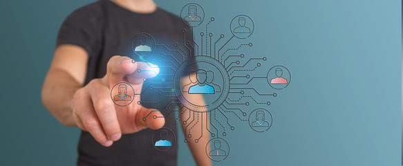 Businessman using thin line social network icons interface