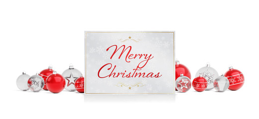 Christmas card greetings laying on red baubles isolated 3D rendering
