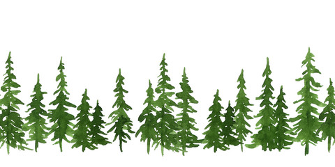 Obraz premium Watercolor green pine trees. Christmas and New Year seamless horizontal pattern