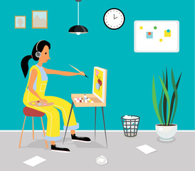 Vector flat  illustration of woman in yellow  jumpsuit  who paints a picture sitting at a painter's case. Easel and painter in creative space. Room of artist.Woman paints picture in her room