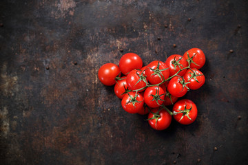 Pomidorki. Gałązka dojrzałych czerwonych pomidorków na ciemnym tle.
