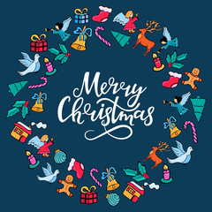 Merry Christmas hand lettering. Festive round frame for the New Year in doodle style on blue background.