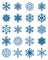 Set of different blue snowflakes on a white background